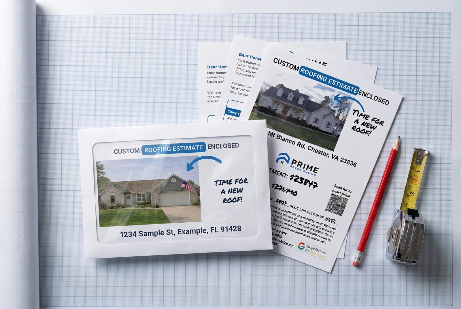 The Bid Mailers windowed estimate envelope and its 5-page packet laid out on blueprint graph paper with a carpenter pencil and tape measure
